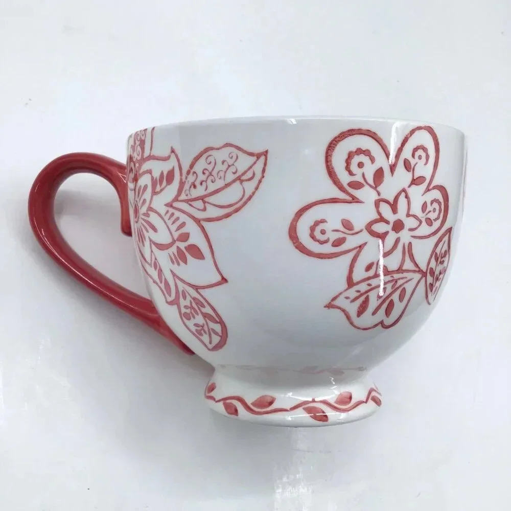 Dutch Wax Coffee Tea Mug Cup Hand-Painted Wisconsin Red White Floral Cottagecore - Picture 2 of 8